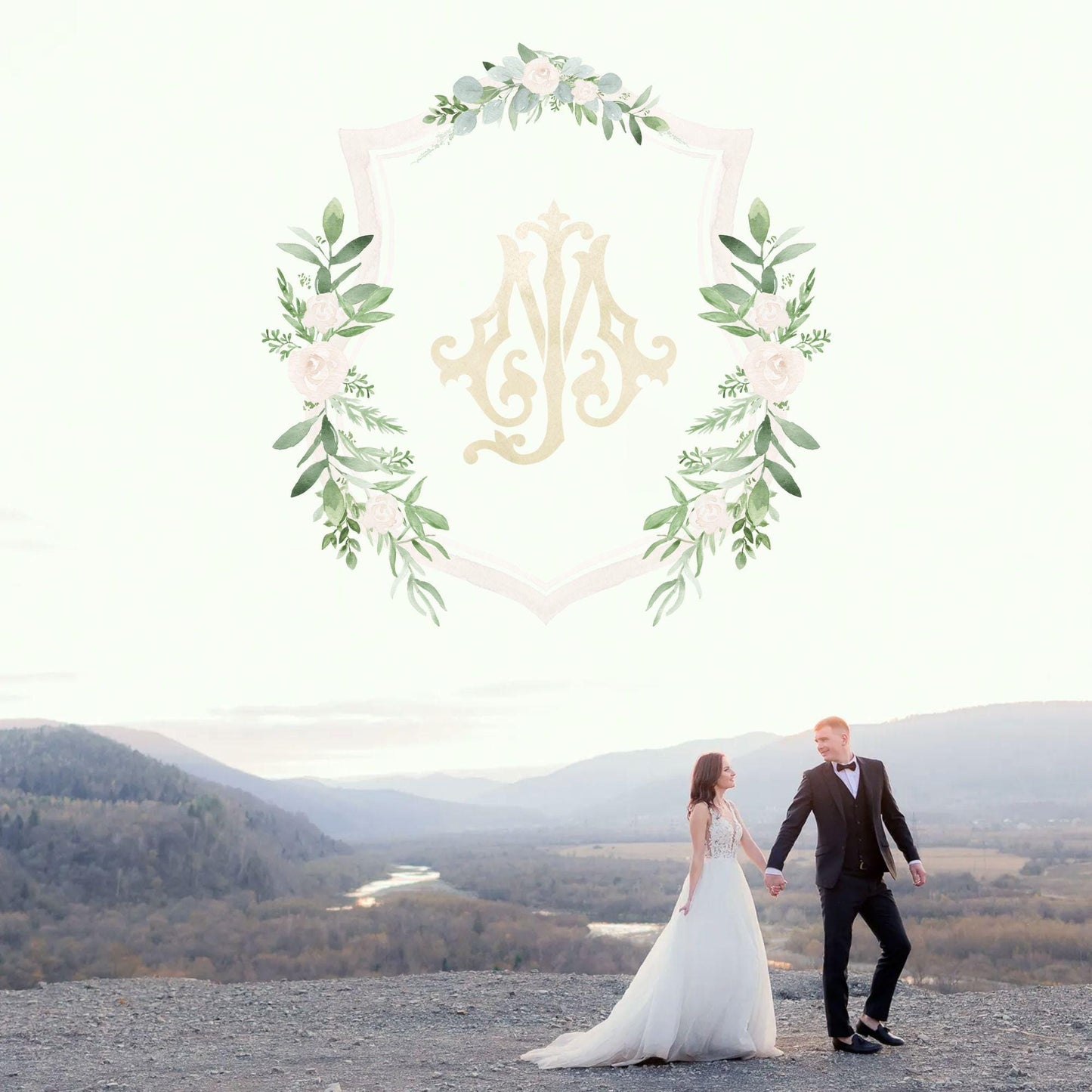 Greenery and White Floral Wedding Crest - Monogram Crest - White Floral Luxury Watercolor Wedding Crest - Romantic Wedding Crest