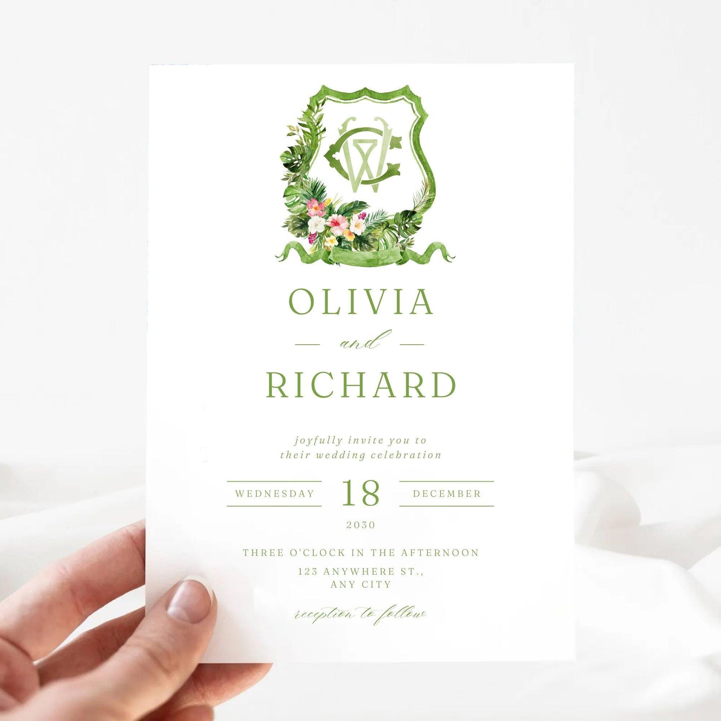 Greenery Tropical Foliage Palms Watercolor Flowers Wedding Crest - Monogram Crest - Floral Watercolor Wedding Crest - Romantic Wedding Crest