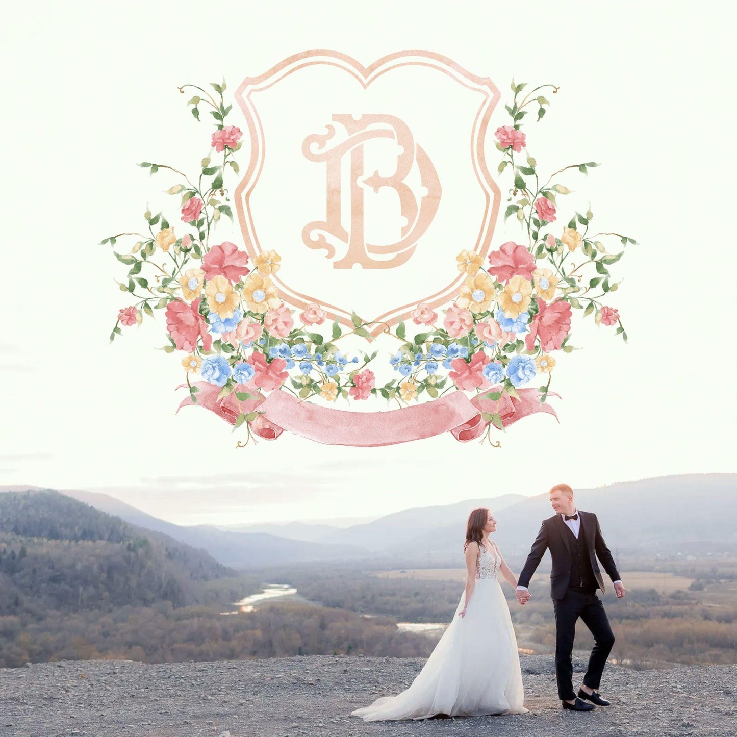 Wildflowers Pink Flower Garden Flowers Wedding Crest - Monogram Crest - Floral Luxury Watercolor Wedding Crest - Romantic Wedding Crest