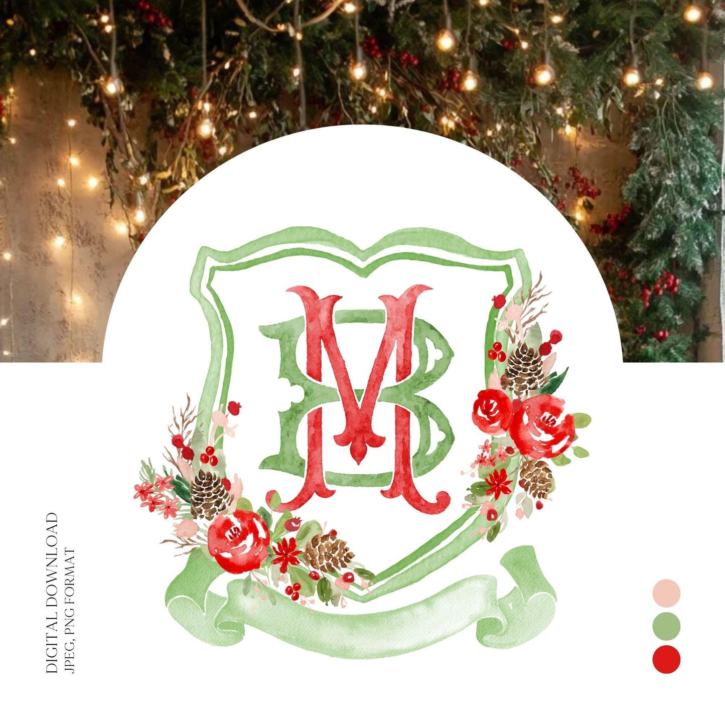 Custom Monogram Christmas Wedding Crest - Rose Hips Floral Watercolor - Winter Christmas Watercolors Crests
