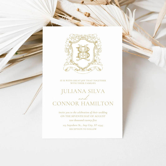 Vintage Gold Botanicals Flower Crest - Monogram Crest - Botanicals Floral Luxury Line art Wedding Crest - Romantic Wedding Crest