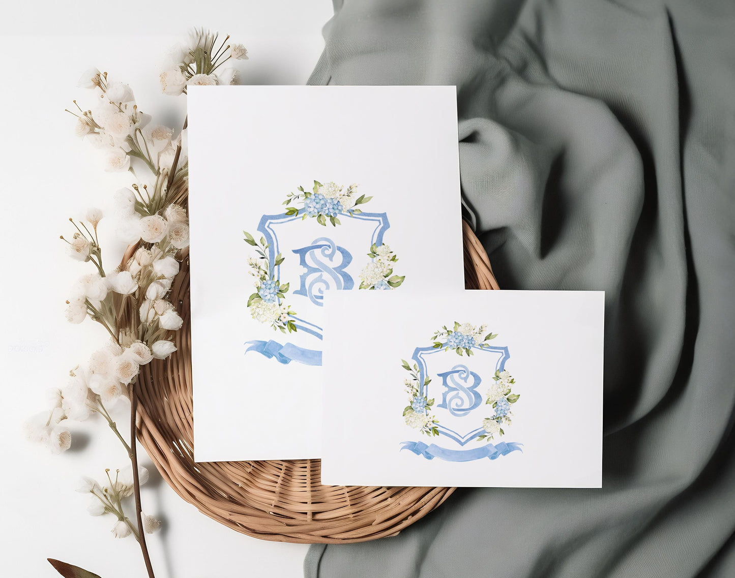 White Blue Hydrangea Flower Wedding Crest - Monogram Crest - Hydrangea Floral Watercolor Wedding Crest - Romantic Wedding Crest - Hydrangea