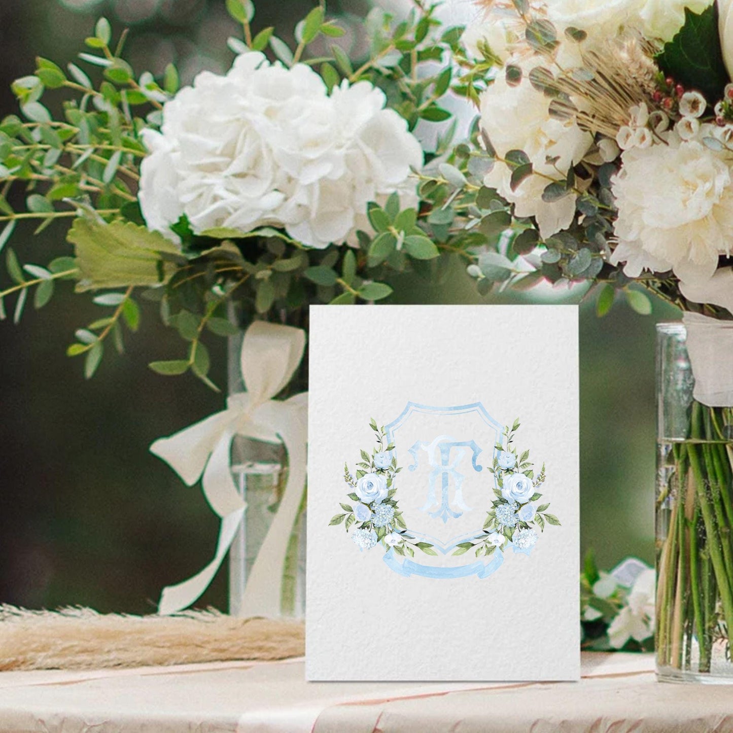 Baby Blue Roses Eucalyptus Flower Wedding Crest - Monogram Crest - Blue Floral Luxury Watercolor Wedding Crest - Romantic Wedding Crest