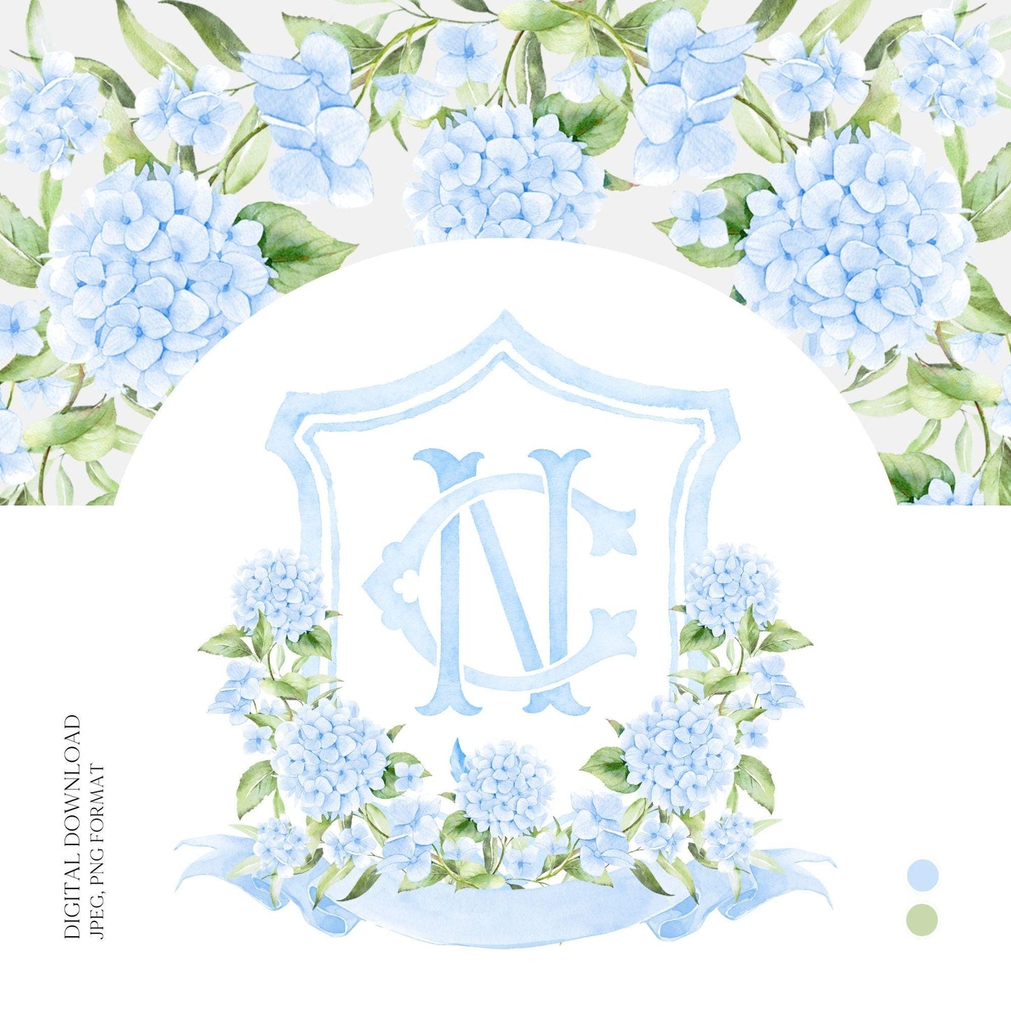 Watercolor Hydrangea Wedding Crest – Light Blue Floral Monogram (Digital Download)