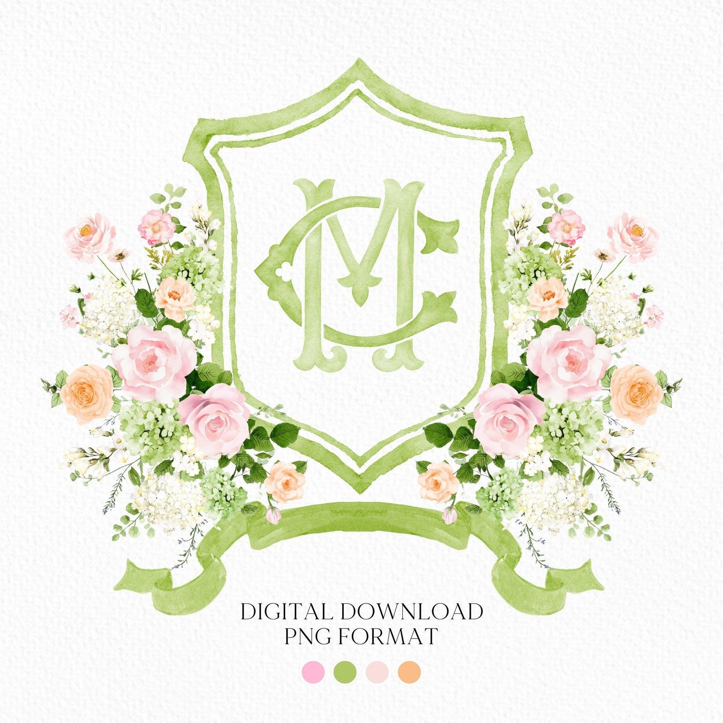 White Roses Blush Pink Rose Flower Wedding Crest - Monogram Crest - Green Hydrangea Floral Luxury Watercolor Wedding Crest