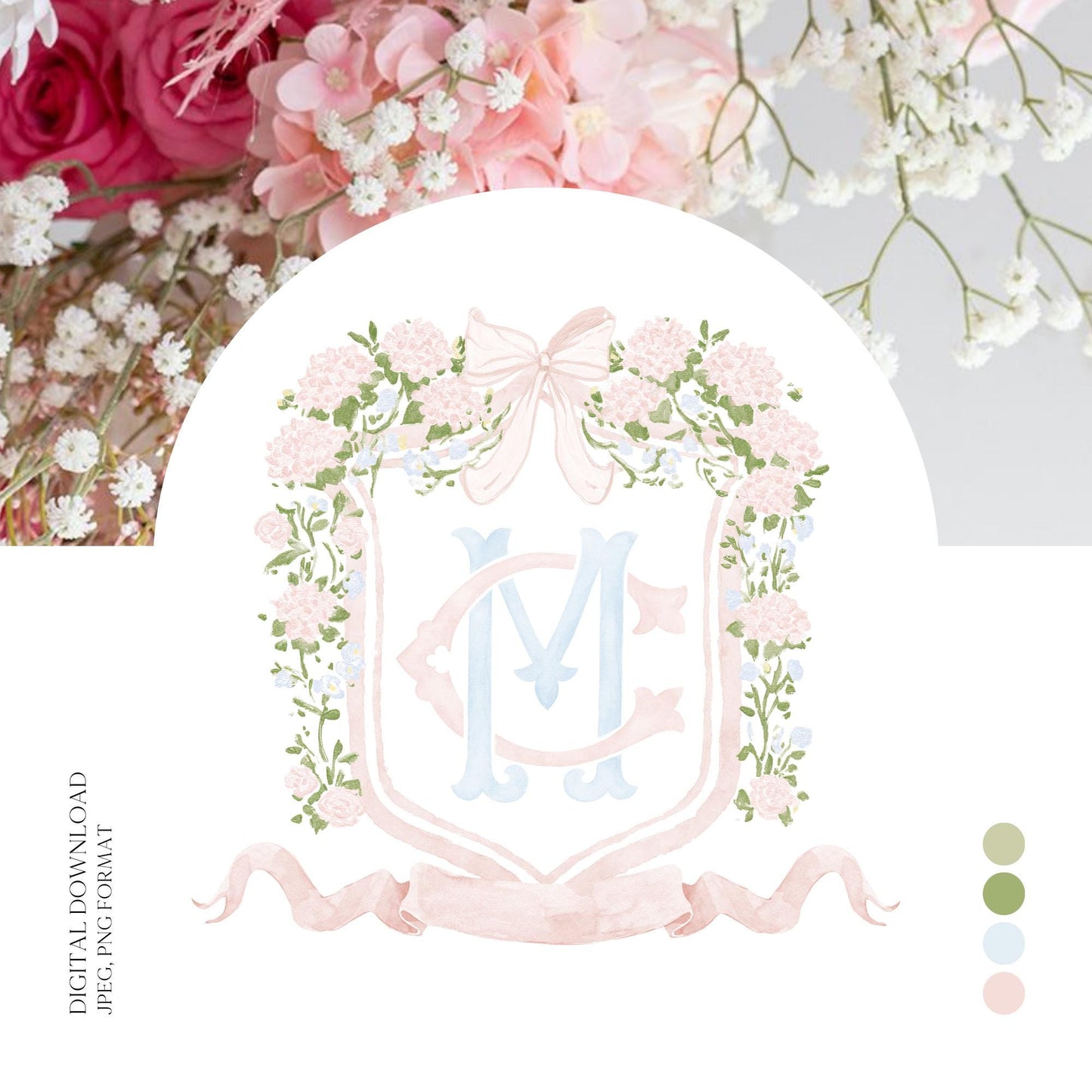 Hydrangea Pink Green Floral Wedding Crest - Monogram Crest - Green Baby's Breath Hydrangea Floral Luxury Watercolor Wedding Crest