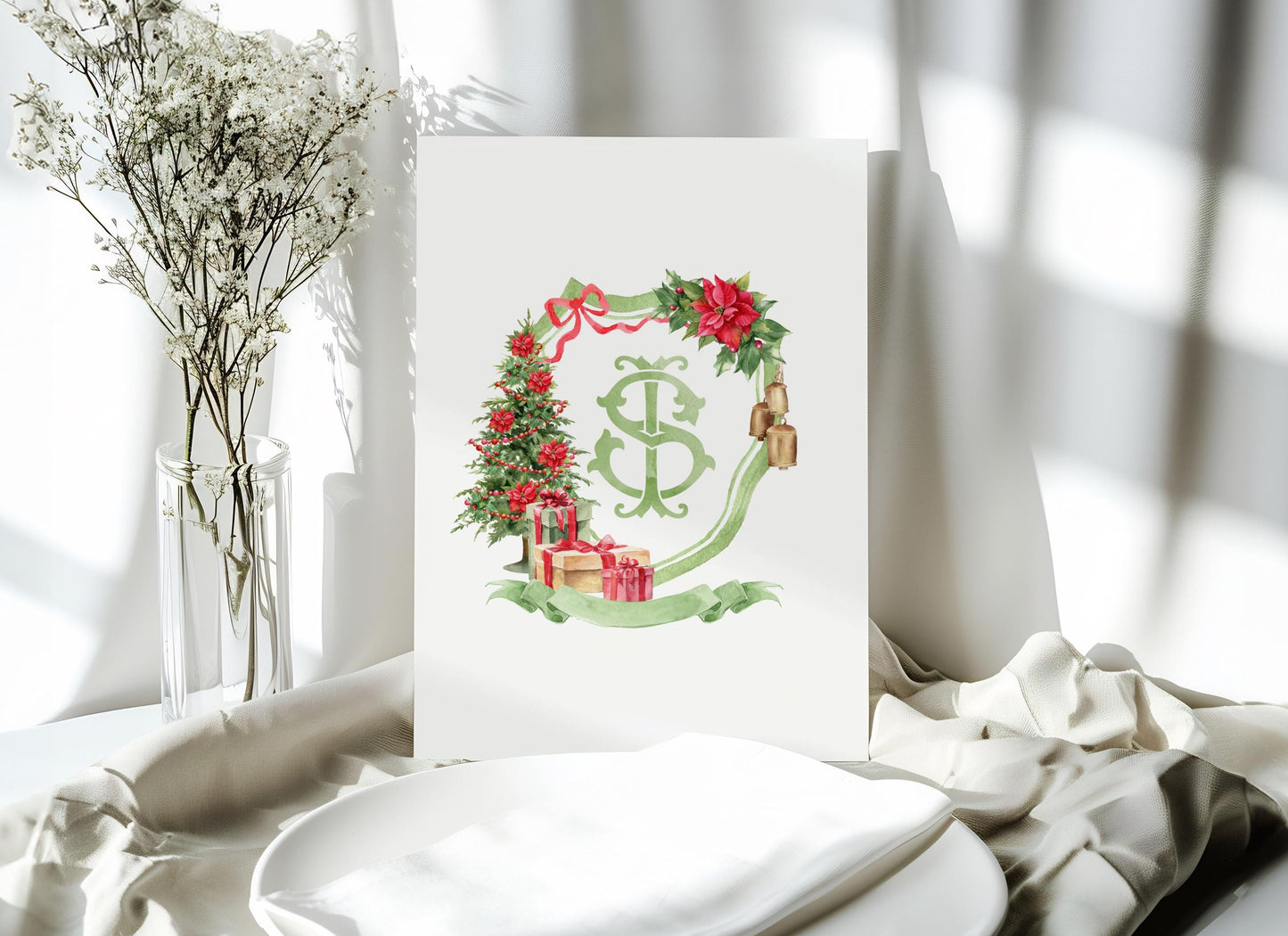 Red Green Christmas Crest - Monogram Crest - Christmas Watercolor Crest DIY - Luxury Watercolor Wedding Crest - Tree Christmas