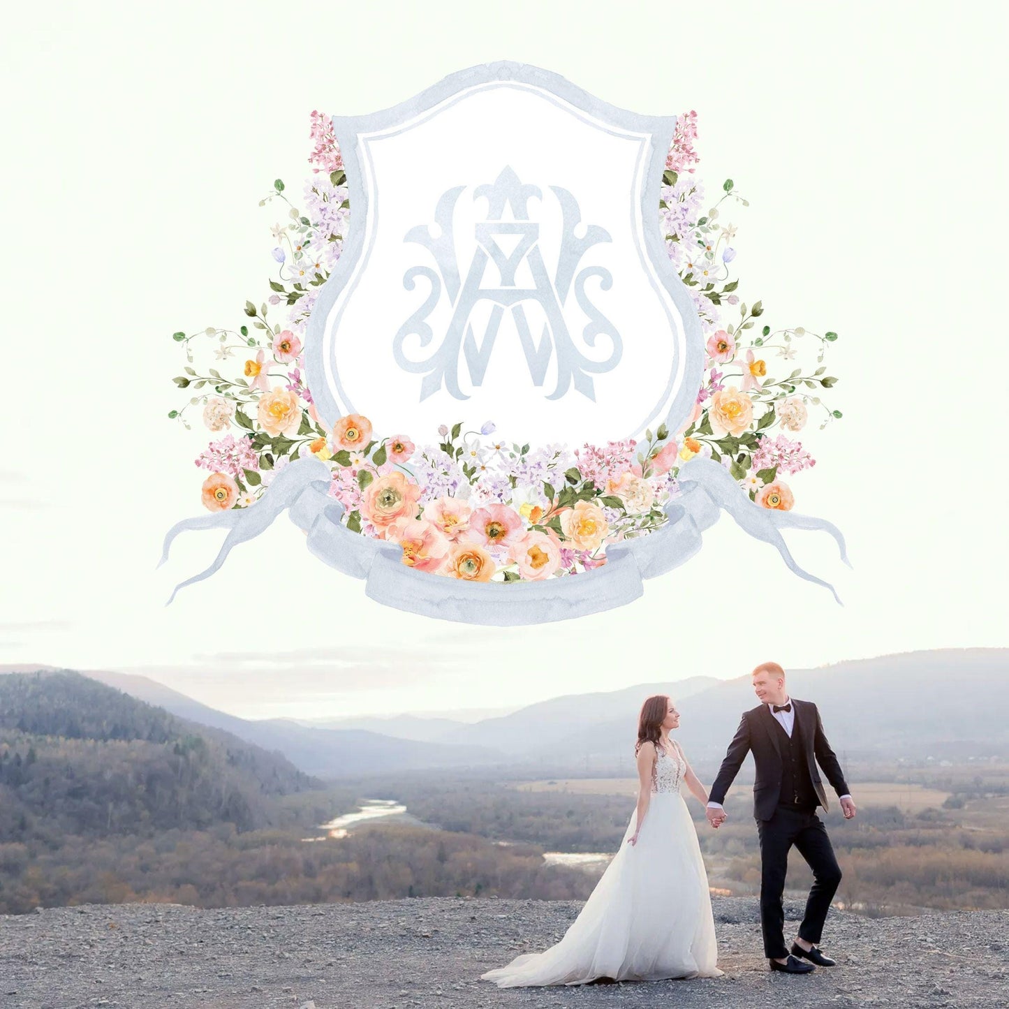 Orange Pink Yellow and White Watercolor Flower Wedding Crest - Monogram Crest - Floral Watercolor Wedding Crest - Blue Spring Wedding Crest
