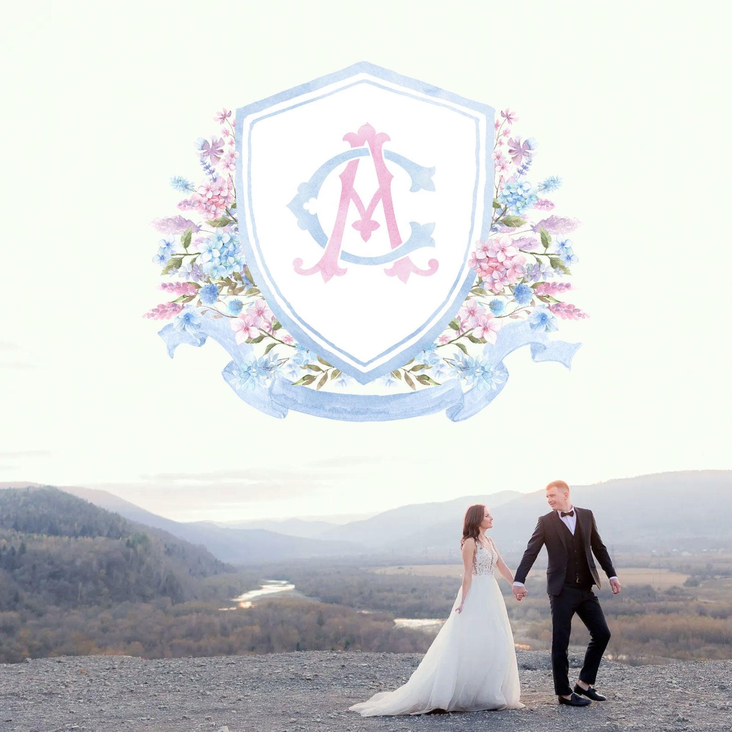 Pink Blue Hydrangea Flower Wedding Crest - Monogram Crest - Hydrangea Floral Luxury Watercolor Wedding Crest - Romantic Wedding Crest
