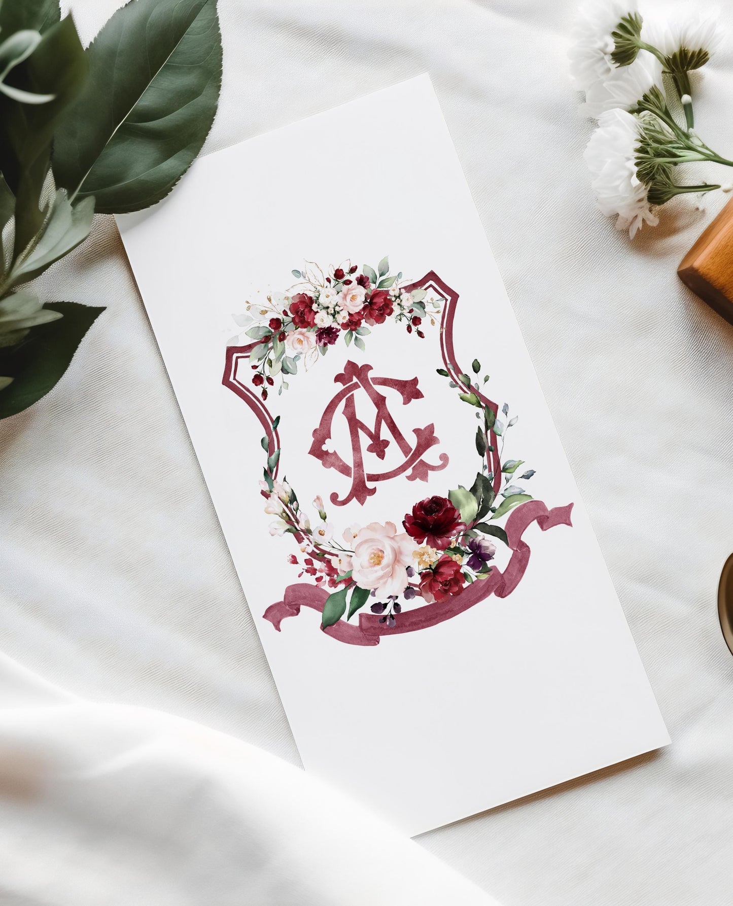 Geometric Burgundy blush Pink Floral Wedding Crest - Monogram Crest - Burgundy Floral Watercolor Wedding Crest - Romantic Wedding Crest