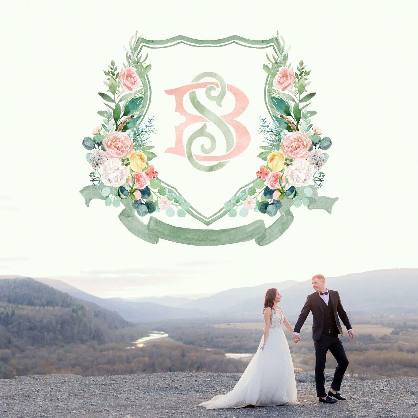 Boho Pink Flowers Greenery Wedding Crest - Monogram Crest - Pink Floral Luxury Watercolor Wedding Crest - Romantic Wedding Crest
