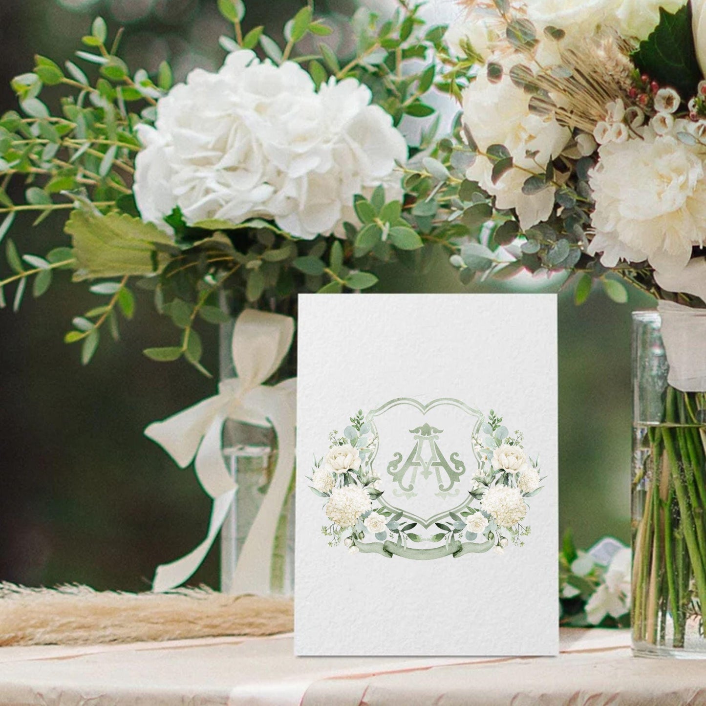 Hydrangea White Rose Greenery Flower Wedding Crest - Monogram Crest - Hydrangea White Floral Watercolor Wedding Crest Romantic Wedding Crest