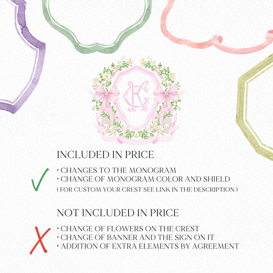 Watercolor Crest wedding Pink Little Flowers Bow Greenery Flower Wedding Crest - Monogram Crest - Floral Watercolor Wedding Crest