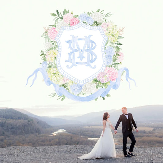 Blue White Pink Hydrangea Flower Wedding Crest