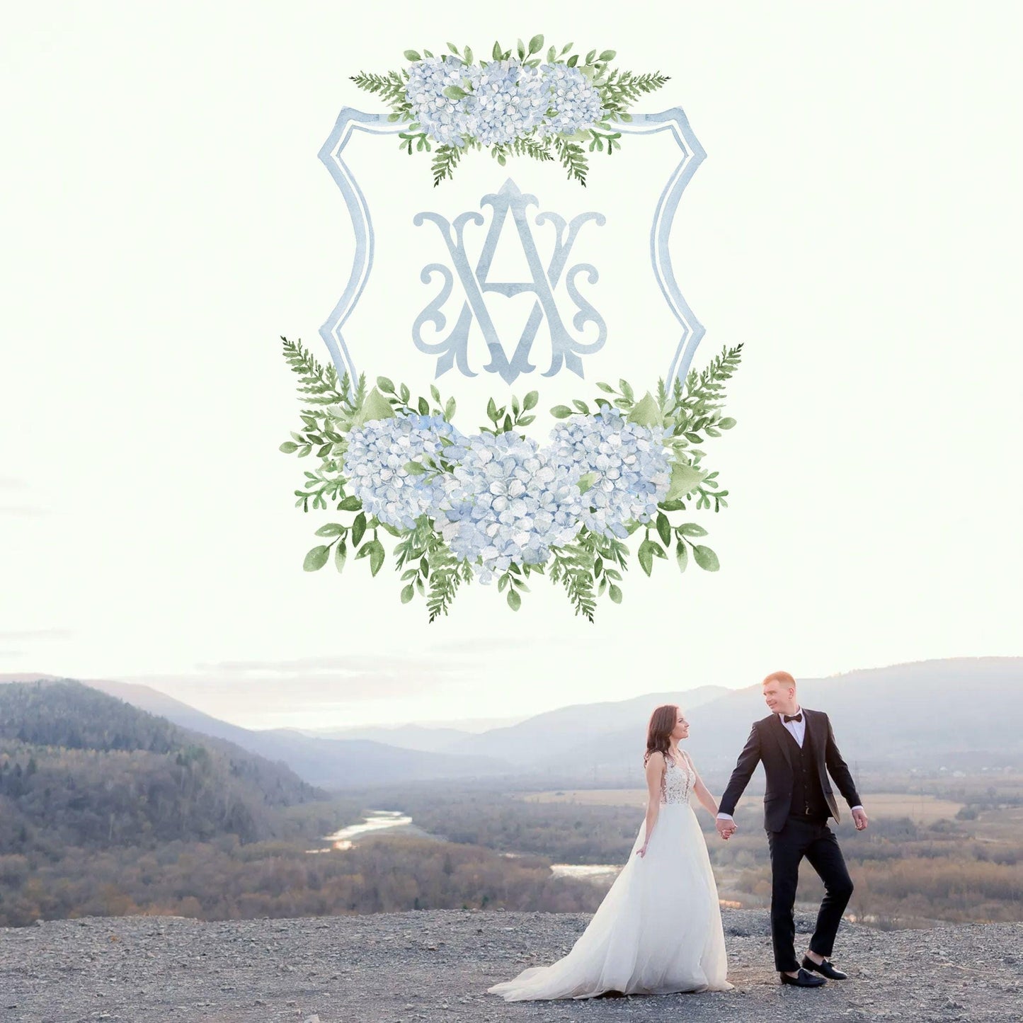 Hydrangea Flower Wedding Crest - Monogram Crest - Hydrangea Floral Blue Watercolor Wedding Crest - Romantic Wedding Crest - Boho Hydrangea