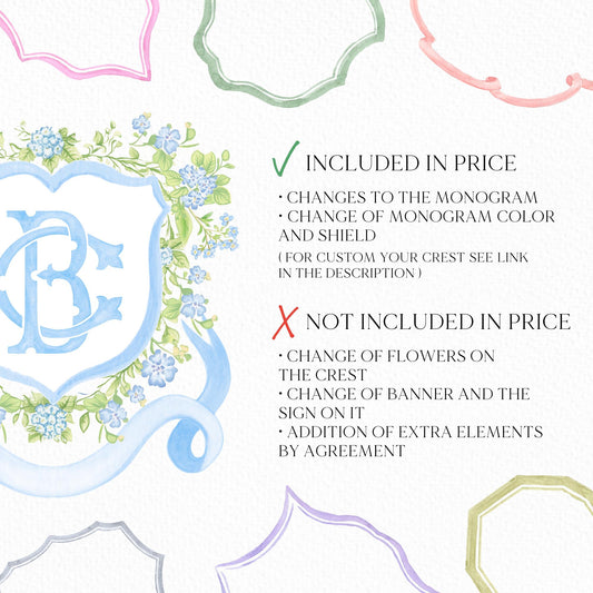 Watercolor Blue Flower Wedding Crest - Monogram Crest - Botanical Floral Blue Watercolor Wedding Crest - Vintage Green Floral Wedding Crest
