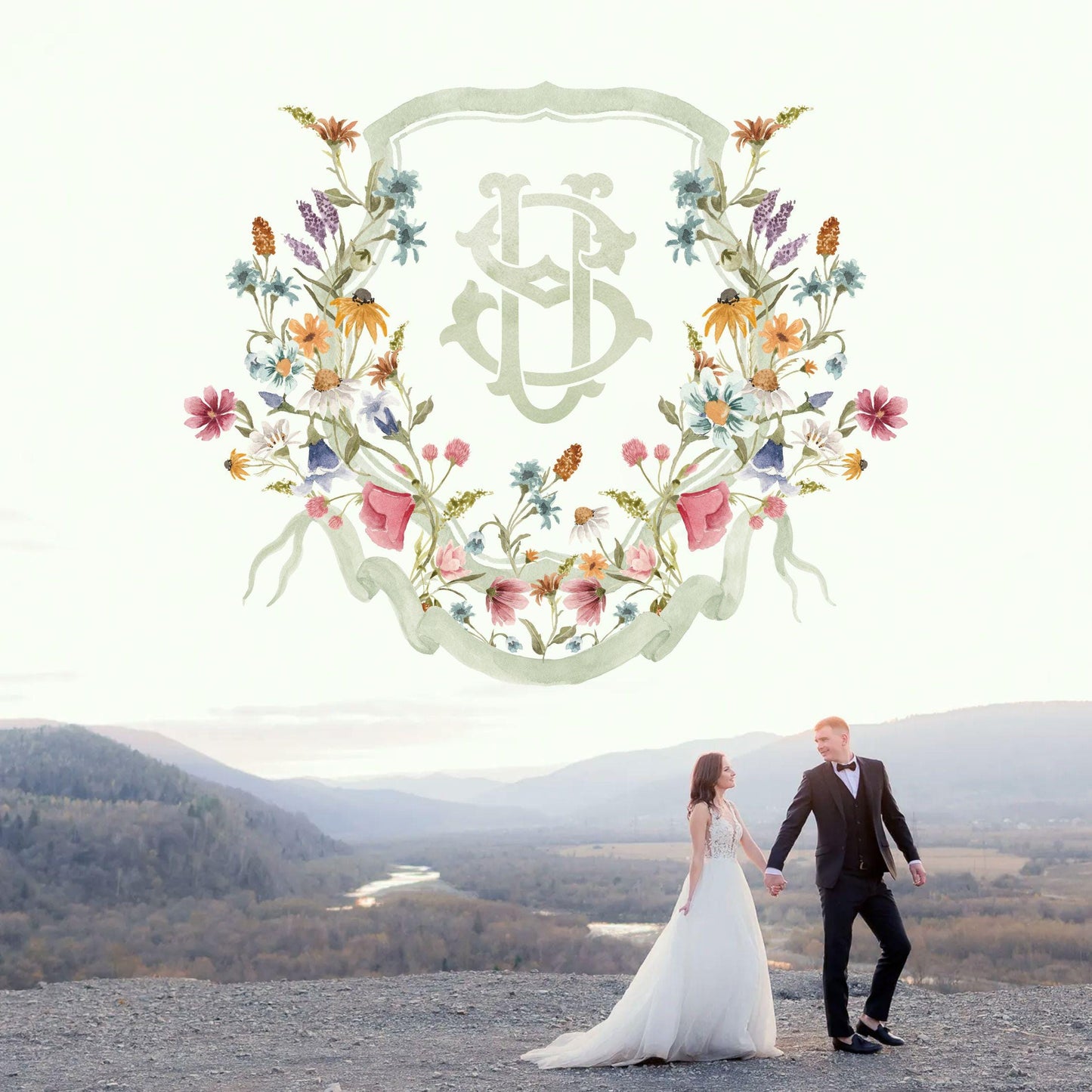 Wildflower Flower Wedding Crest - Monogram Crest - Wildflower Floral Luxury Watercolor Wedding Crest - Romantic Wedding Crest