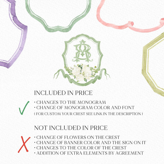 White Hydrangea Flower Greenery Wedding Crest - Monogram Crest - Hydrangea Floral Luxury Watercolor Wedding Crest - Romantic Wedding Crest