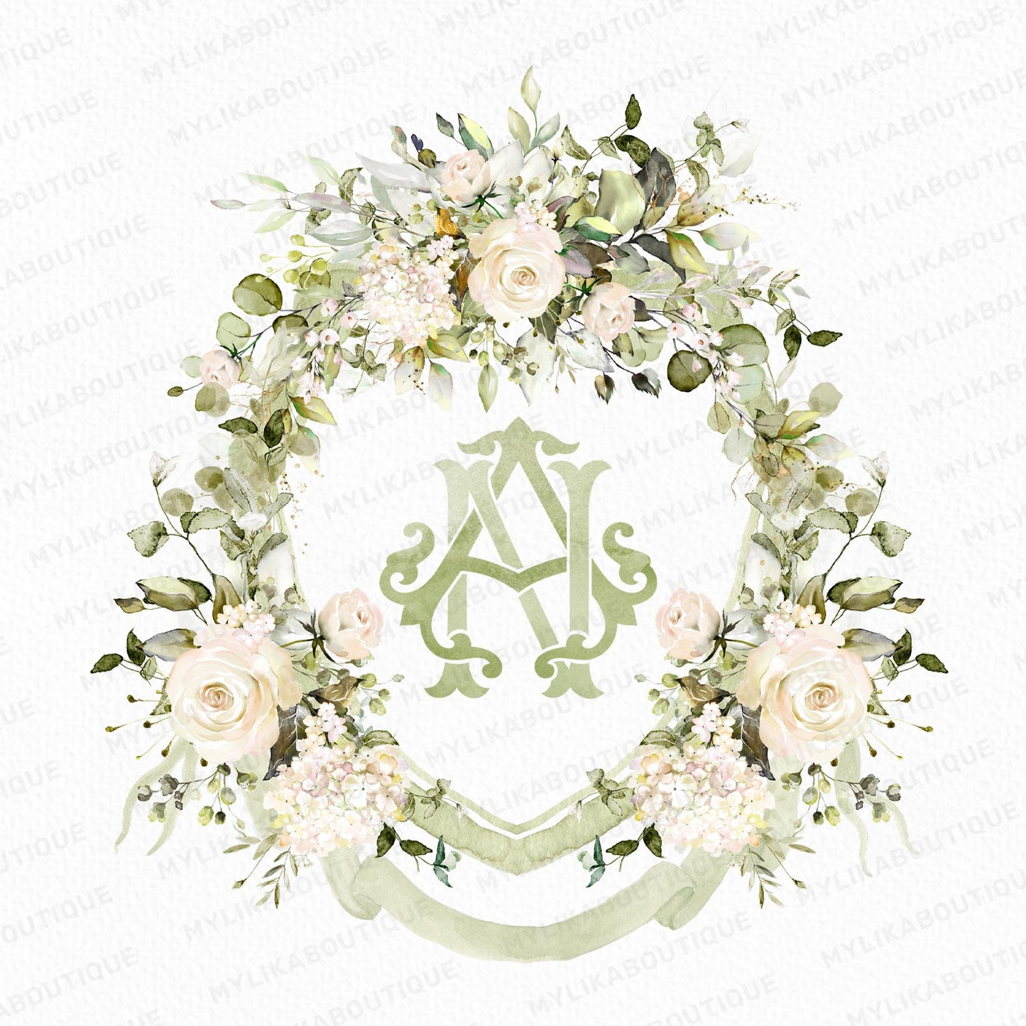 White Roses Eucalyptus Flower Wedding Crest - Monogram Crest - White Floral Luxury Watercolor Wedding Crest - Romantic Wedding Crest