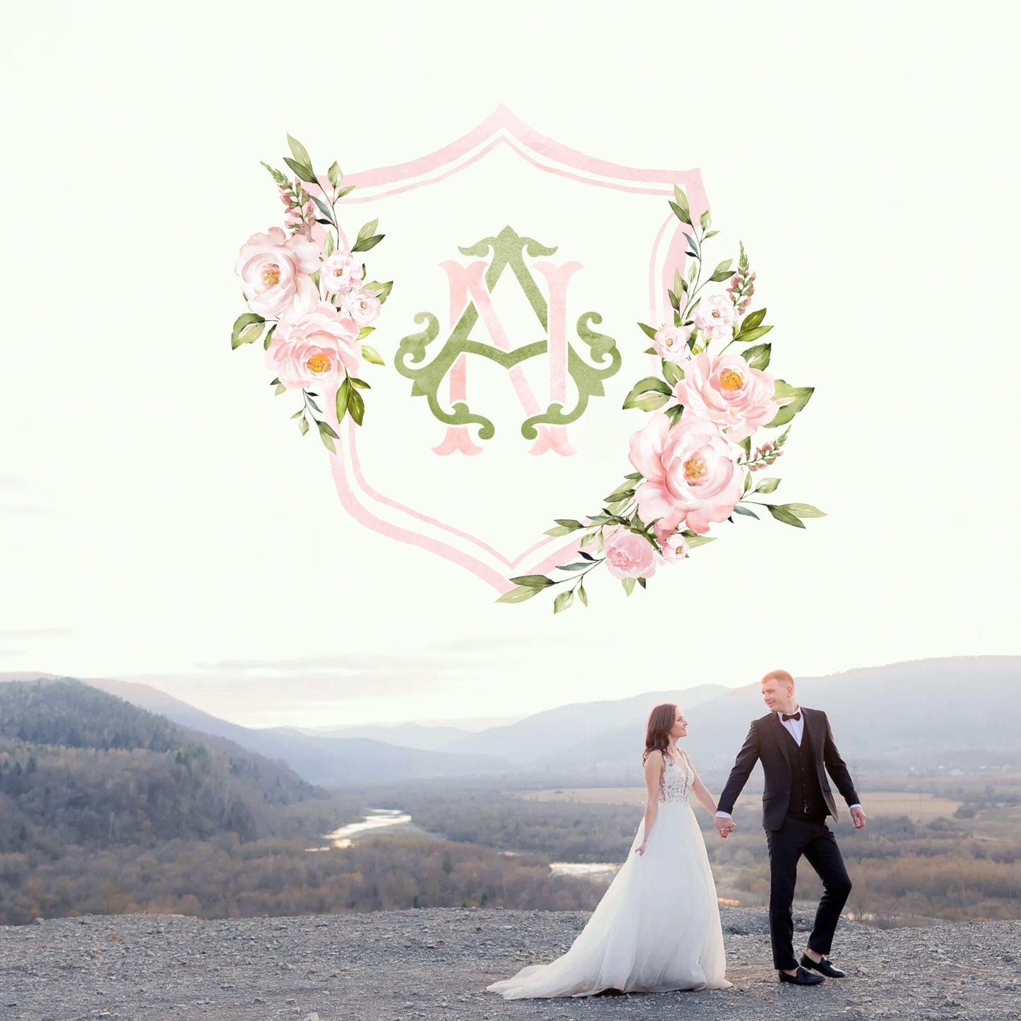 Blush Pink Floral Rustic Greenery Flower Wedding Crest - Monogram Crest - Floral Watercolor Wedding Crest - Romantic Wedding Crest
