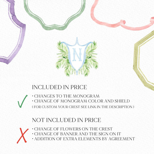 Palm Leaf Greenery Garden Watercolor Wedding Crest - Monogram Crest - Palm leaves Greenery Watercolor Wedding Crest - Romantic Wedding Crest