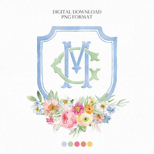 Wildflowers Bright Floral Colorful Watercolor Wedding Crest - Monogram Crest - Floral Watercolor Wedding Crest - Romantic Wedding Crest