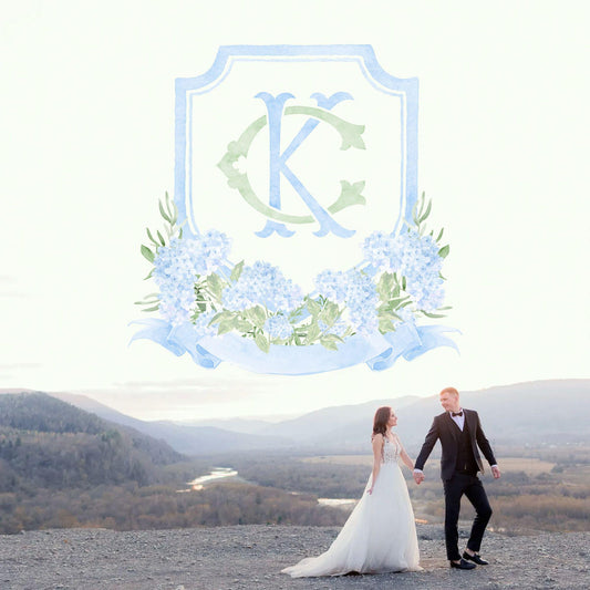Watercolor Hydrangea Wedding Crest – Light Blue Floral Monogram (Digital Download)