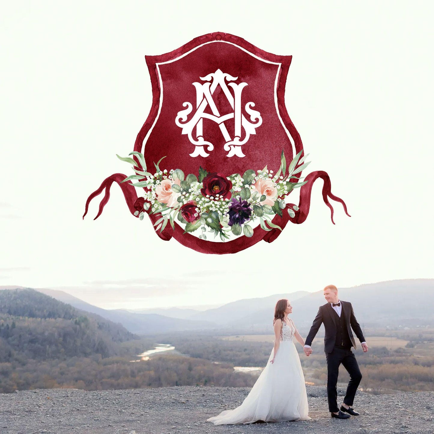 Burgundy Blush Rustic Greenery Flower Wedding Crest - Monogram Crest - Floral Luxury Watercolor Wedding Crest - Romantic Wedding Crest
