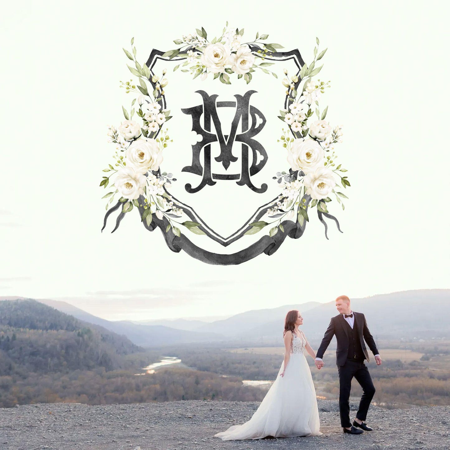 Creamy Rose Ivory Greenery White Flower Wedding Crest - Monogram Crest - White Floral Watercolor Wedding Crest - Romantic Wedding Crest
