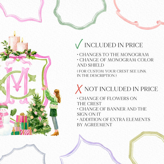 Nutcracker Christmas Wedding Crest - Monogram Crest - Winter Floral Watercolor Wedding Crest - Winter Christmas Wedding Light Pink Crest