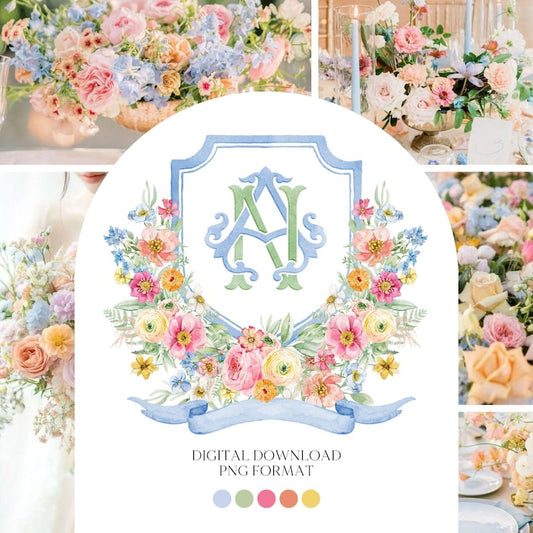 Wildflowers Bright Floral Colorful Watercolor Wedding Crest