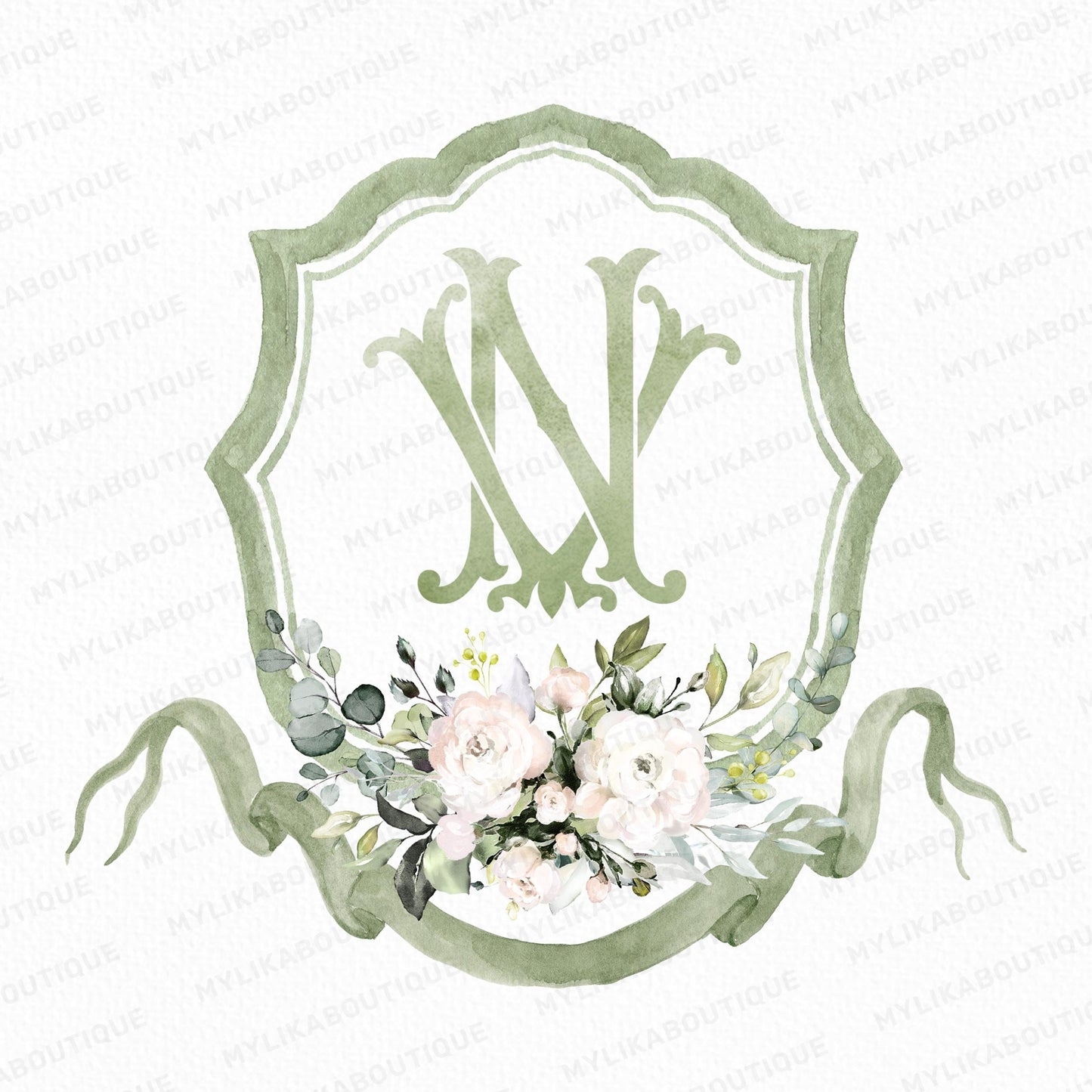 IVORY Rose Greenery Floral Flower Wedding Crest - Monogram Crest - IVORY Rose Luxury Watercolor Wedding Crest - Romantic Wedding Crest