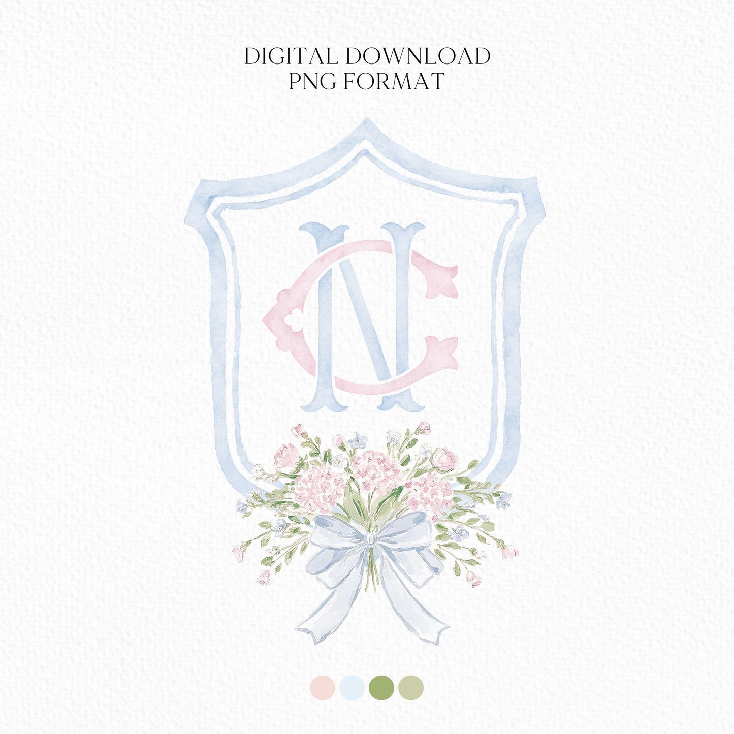 Hydrangea Pink Green Floral Wedding Crest - Monogram Crest - Green Baby's Breath Hydrangea Floral Luxury Watercolor Wedding Crest