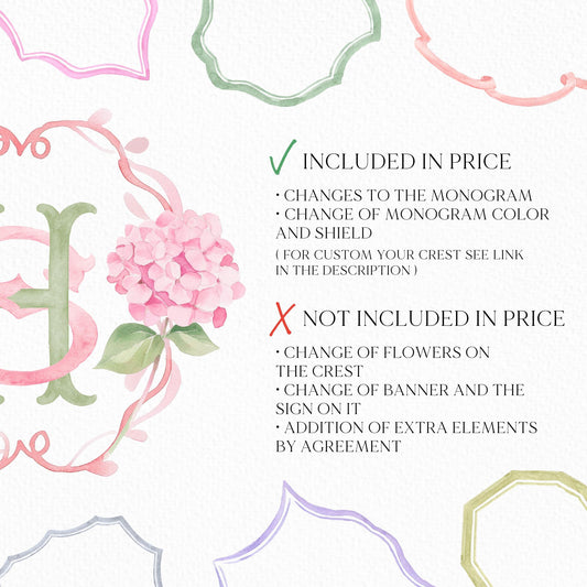 Pink Hydrangea Flower Wedding Crest - Monogram Crest - Hydrangea Floral Luxury Watercolor Wedding Crest - Romantic Wedding Crest