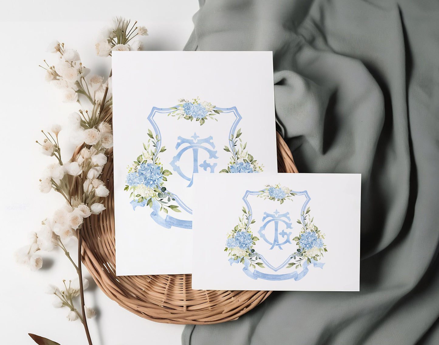 Blue and White Hydrangea Flower Wedding Crest - Monogram Crest - Hydrangea Floral Luxury Watercolor Wedding Crest - Romantic Wedding Crest