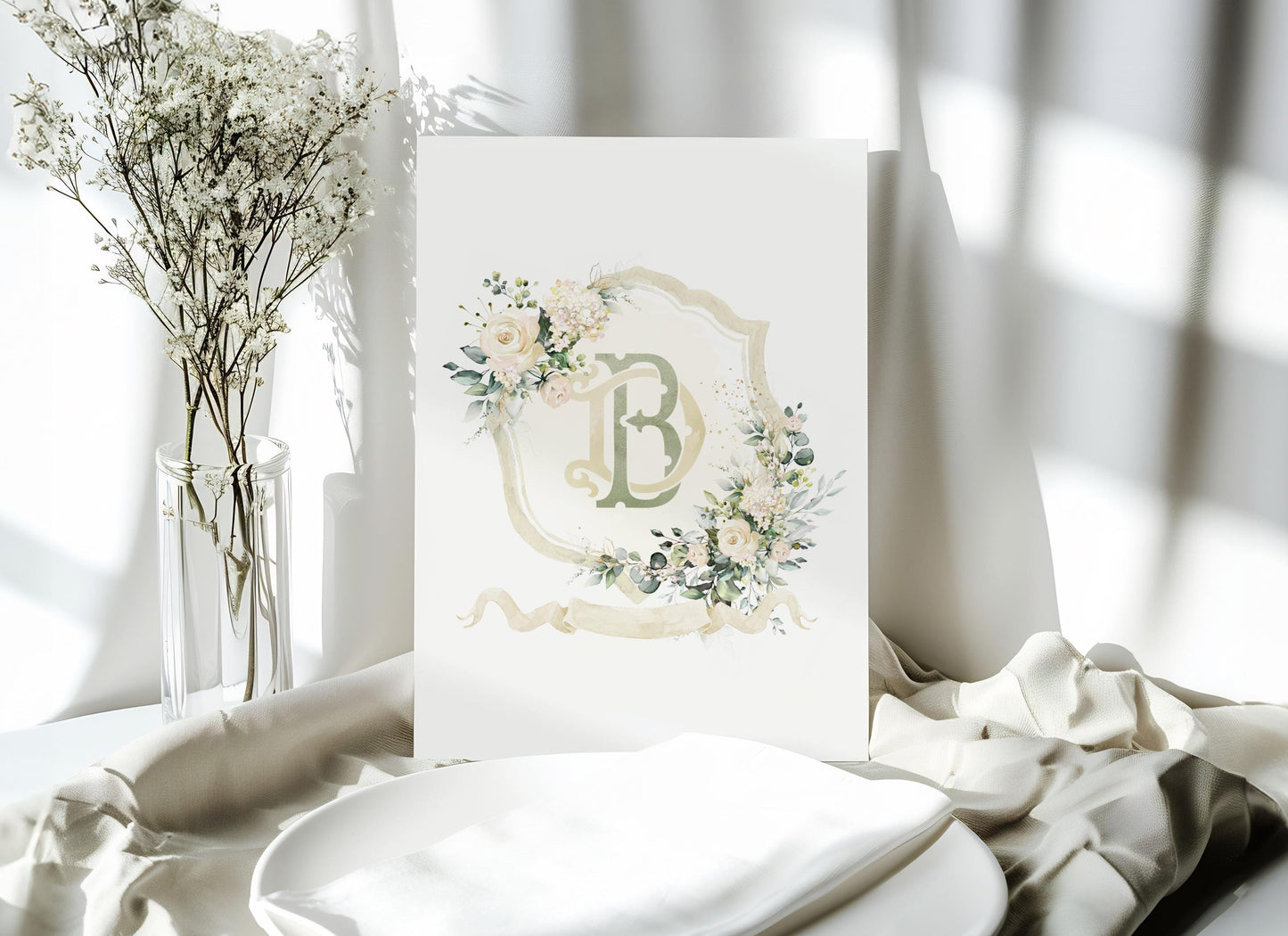 Creamy Rose Ivory Greenery Gold Flower Wedding Crest - Monogram Crest - Floral Luxury Watercolor Wedding Crest - Romantic Wedding Crest