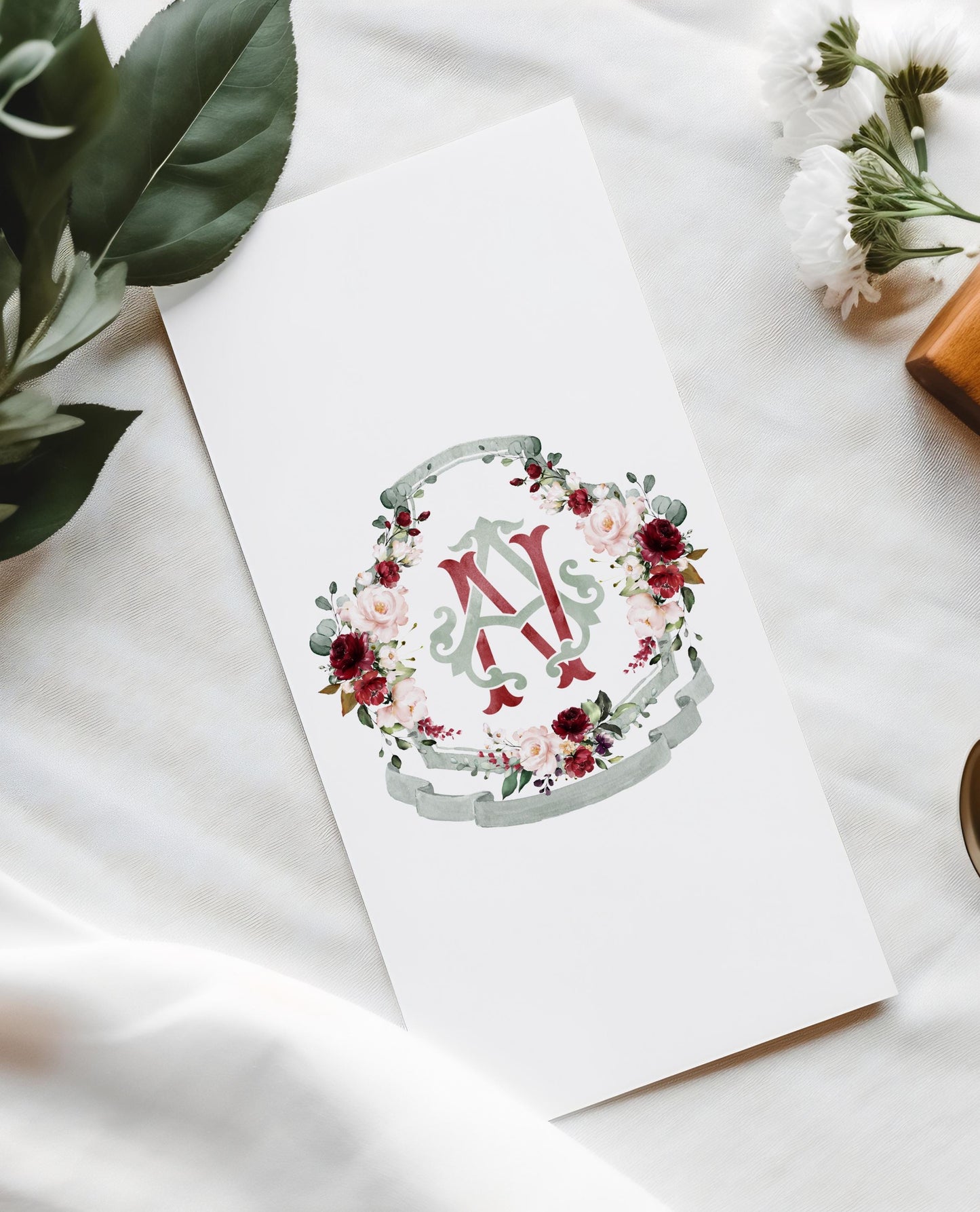 Geometric Burgundy blush Pink Floral Wedding Crest - Monogram Crest - Burgundy Floral Watercolor Wedding Crest - Romantic Wedding Crest