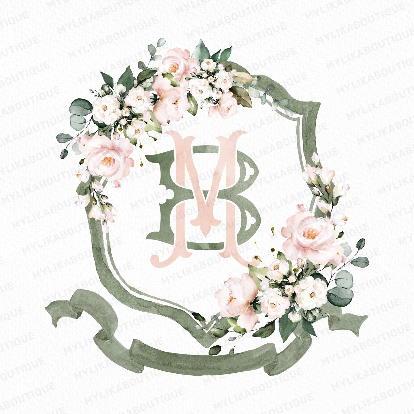 Blush Pink Roses Flower Wedding Crest - Monogram Crest - Pink Floral Luxury Watercolor Wedding Crest - Romantic Wedding Crest - Boho Roses