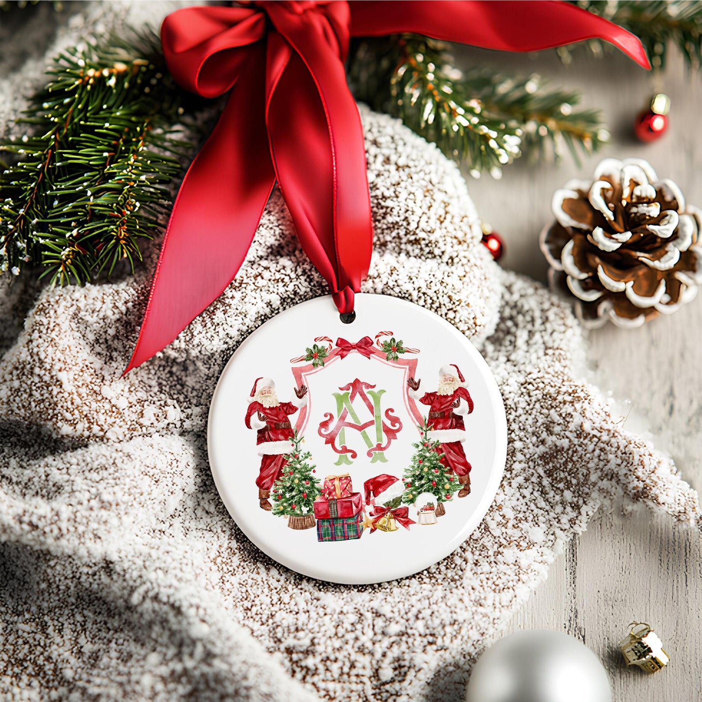 Santa Red Green Christmas Crest - Monogram Crest - Christmas Watercolor Crest DIY - Luxury Watercolor Wedding Crest - Santa Red Christmas