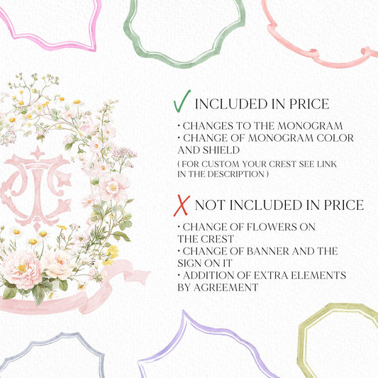 Pastel Wildflowers Light Pink Watercolor Wedding Crest - Monogram Crest - Floral Watercolor Wedding Crest - Romantic Wedding Crest