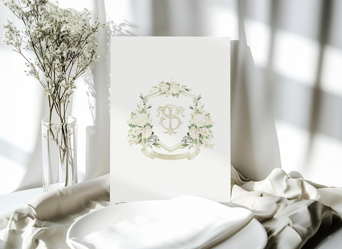 White Hydrangea Flower Wedding Crest - Monogram Crest - Hydrangea Floral Watercolor Wedding Crest - Romantic Wedding Crest - Boho Hydrangea