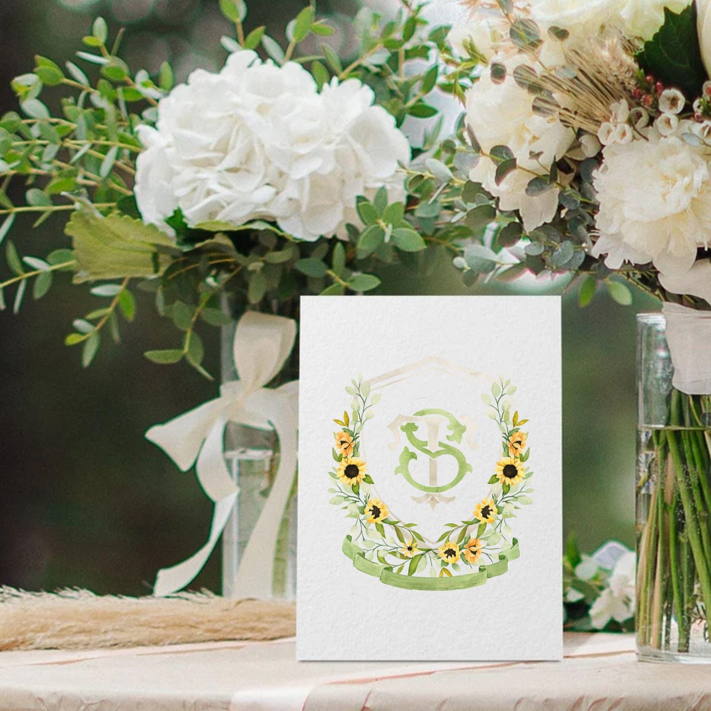 Sunflower Rustic Flower Wedding Crest - Monogram Crest - Sunflower Floral Luxury Watercolor Wedding Crest - Romantic Wedding Crest