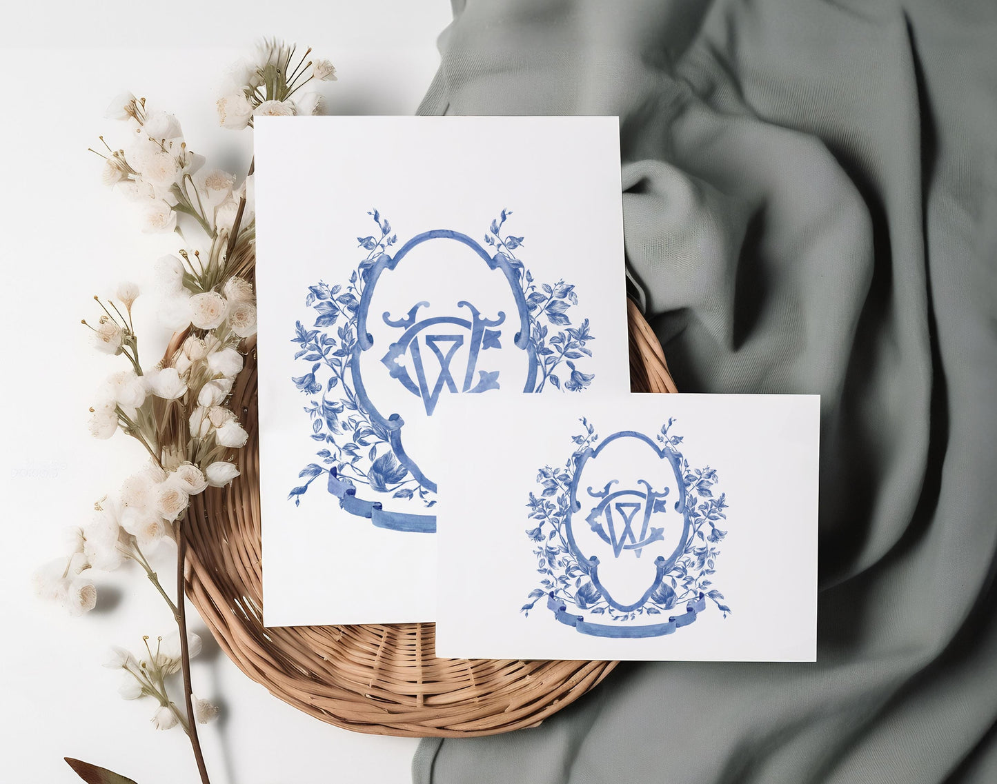 Dusty Blue Flower Wedding Crest - Monogram Crest - Vinatge Dusty Blue Floral Luxury Watercolor Wedding Crest - Romantic Wedding Crest
