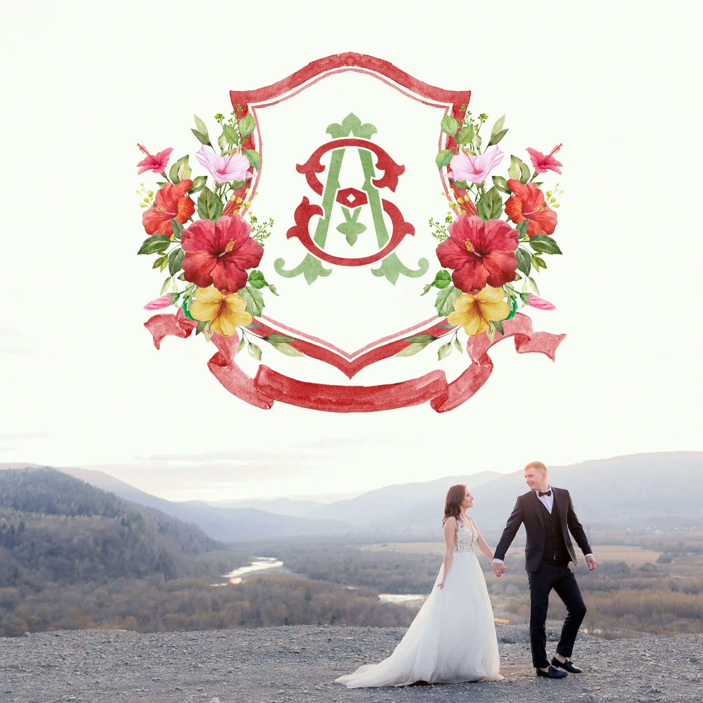 Watercolor Hibiscus Flower Wedding Crest - Monogram Crest - tropical hibiscus Floral Watercolor Wedding Crest - Romantic Wedding Crest