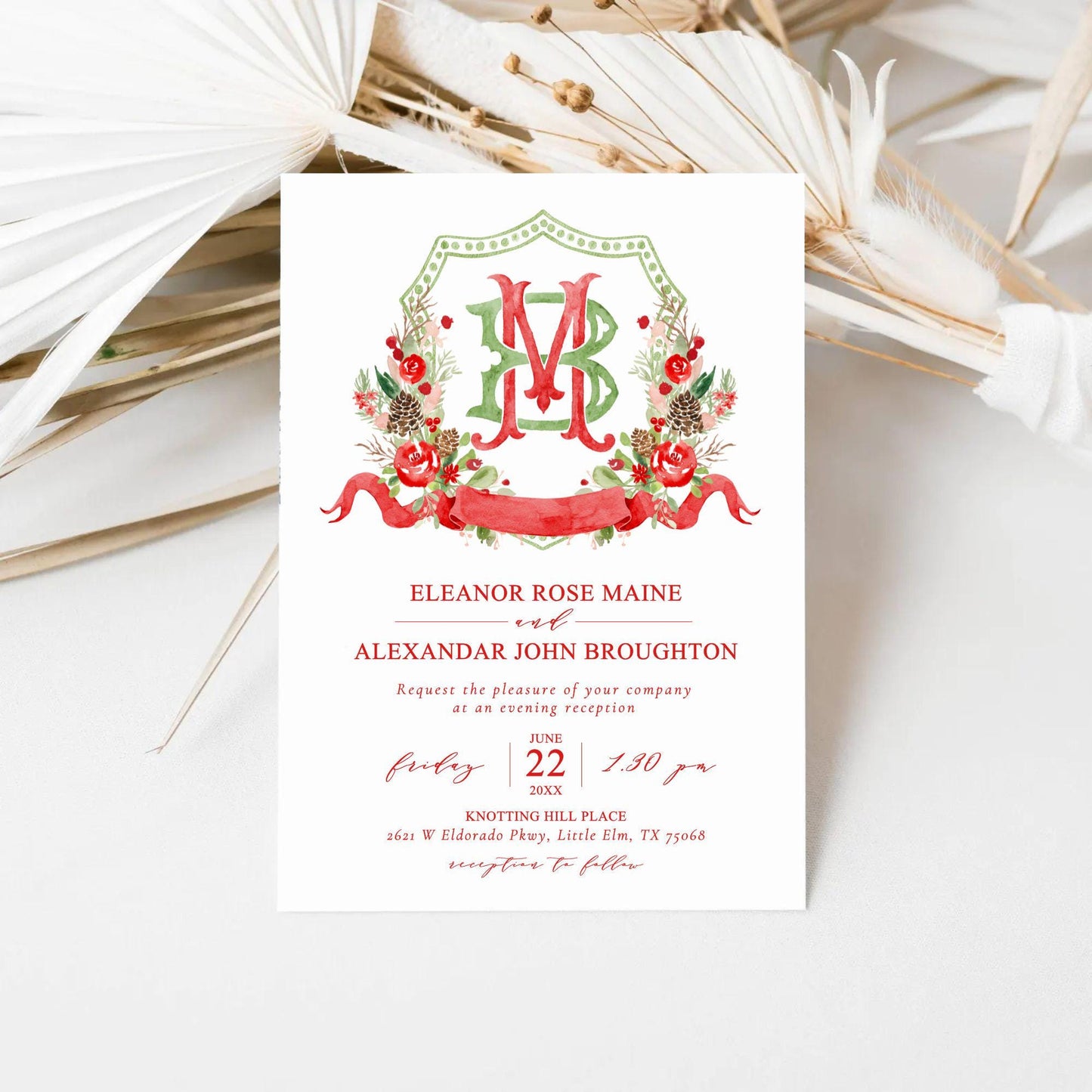 Custom Monogram Christmas Wedding Crest - Rose Hips Floral Watercolor - Winter Christmas Watercolors Crests