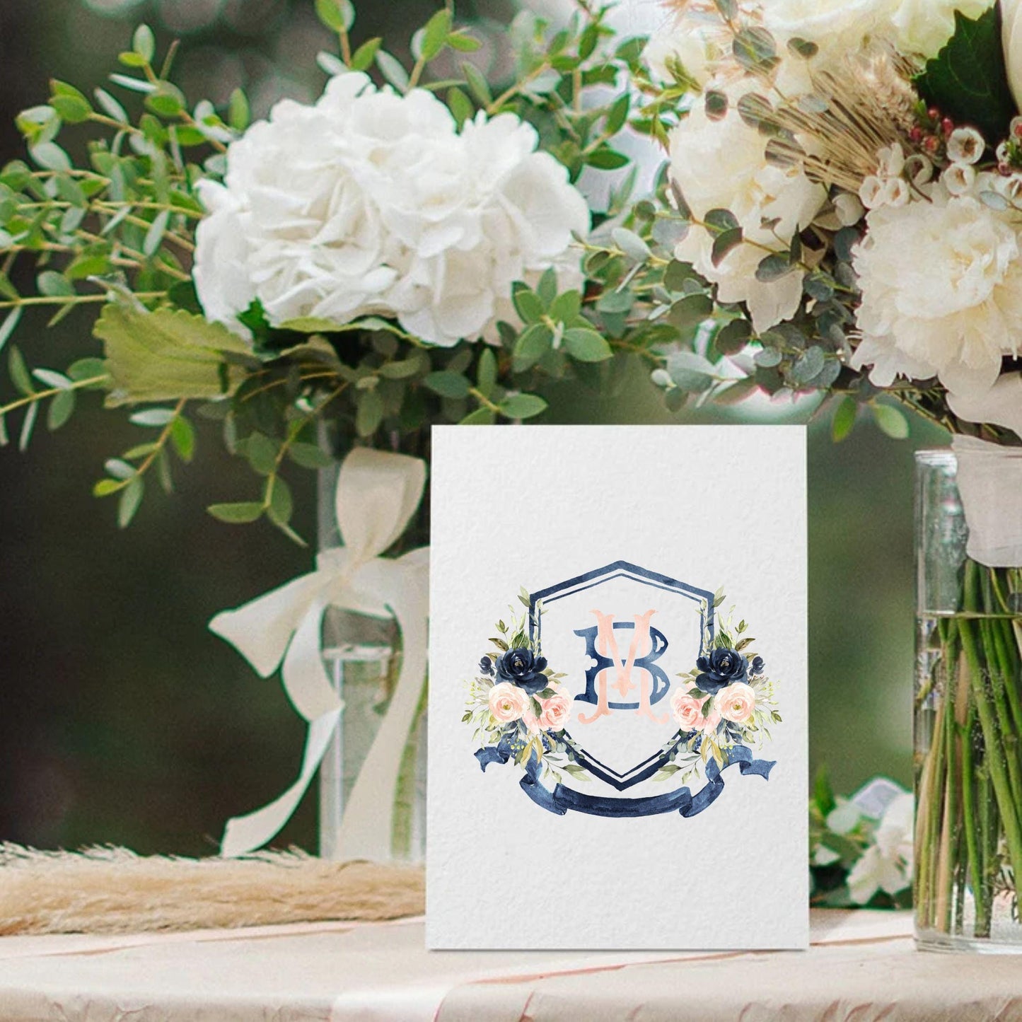 Blush Pink & Navy Floral Watercolor Wedding Crest - Monogram Crest - Navy Floral Luxury Watercolor Wedding Crest - Romantic Wedding Crest