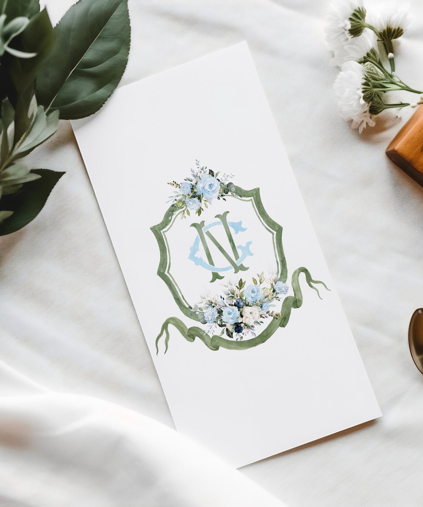 Soft Blue Roses Eucalyptus Flower Wedding Crest - Monogram Crest - Blue Floral Luxury Watercolor Wedding Crest - Romantic Wedding Crest