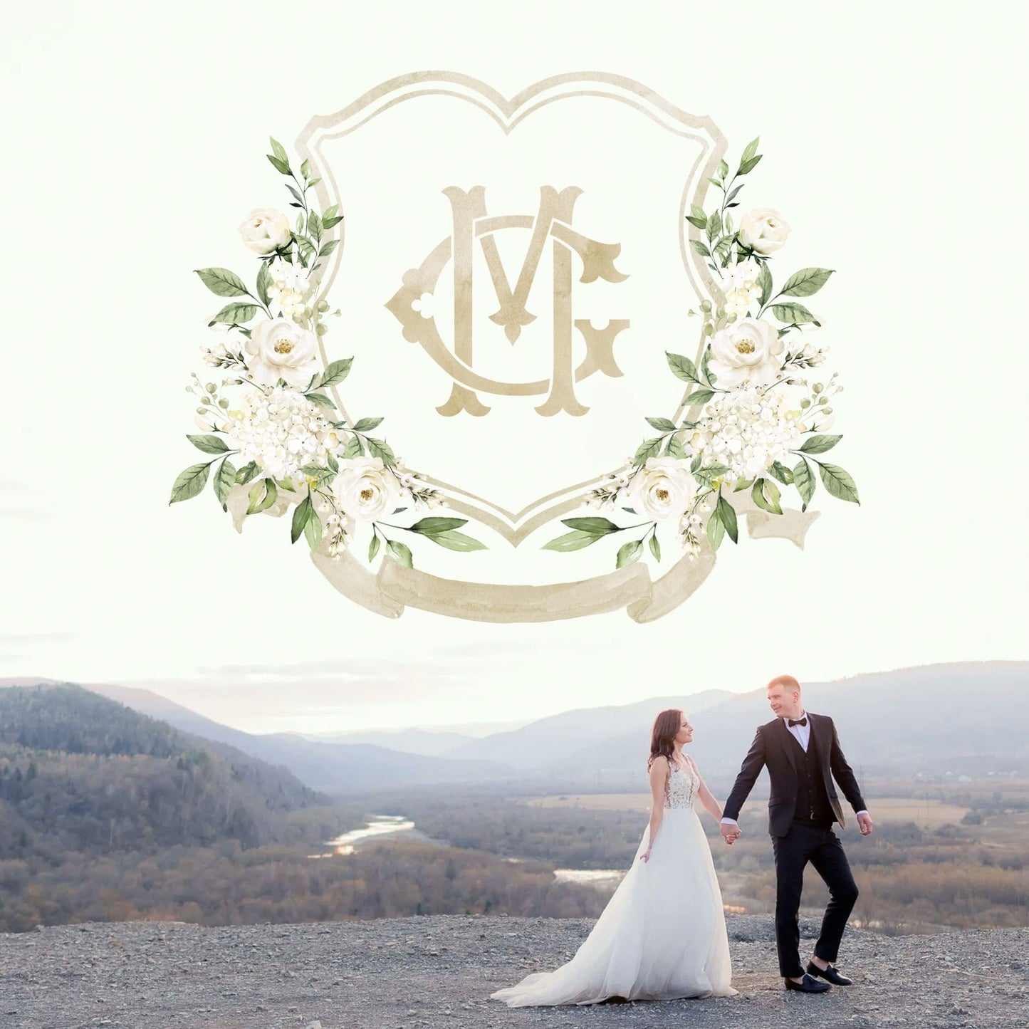 White Rose Greenery White Flower Wedding Crest - Monogram Crest - White Floral Watercolor Wedding Crest - Romantic Wedding Crest