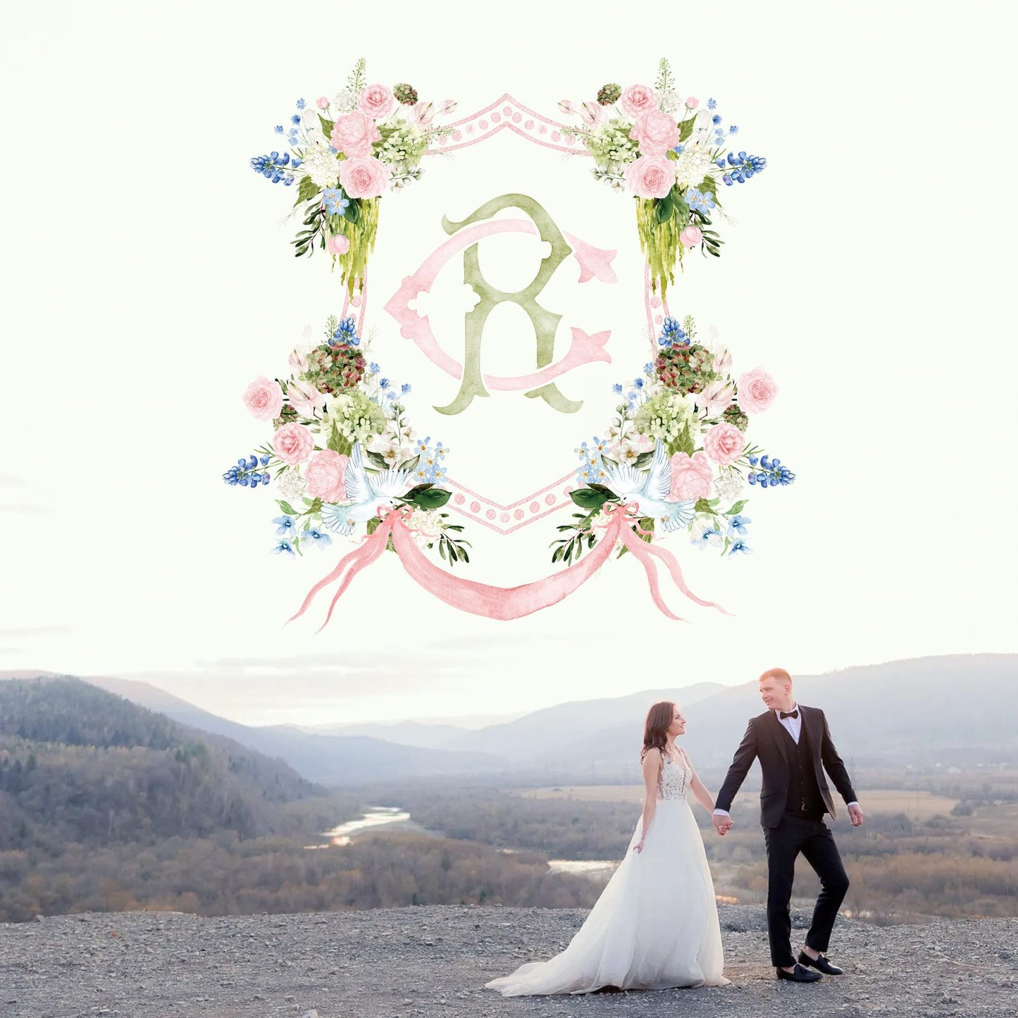 Green Hydrangea Flower Wedding Crest - Monogram Crest - Light Roses Greenery Floral Watercolor Wedding Crest - Australian Wedding Crest