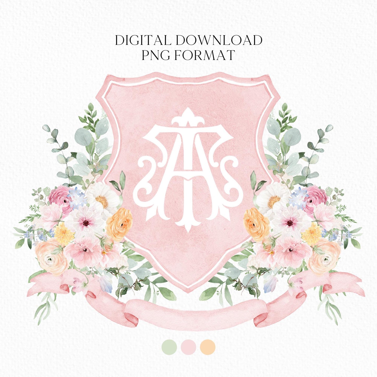 Wildflower Prink Spring Flower Wedding Crest - Monogram Crest - Wildflower bohemian Floral Watercolor Wedding Crest - Romantic Wedding Crest